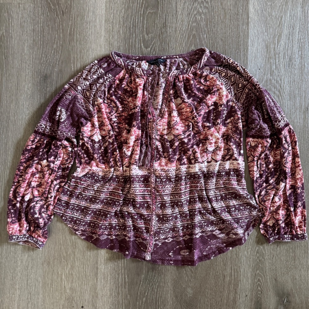 Lucky Brand Peasant Blouse Women Large Burgundy Boho Floral Tassel Split Neck